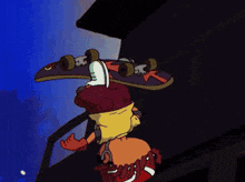 a cartoon character is doing a trick with a skateboard on his head