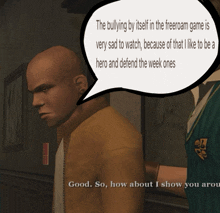 a man in a video game talks about bullying