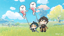 a cartoon drawing of a boy holding a kite with two ghosts flying in the sky