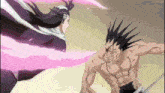 a man without a shirt is fighting another man with spikes on his hair