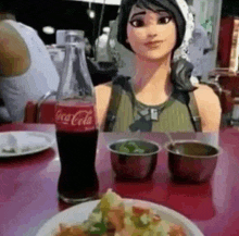 a cartoon girl is sitting at a table with a coca cola bottle and a plate of food .