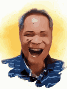 a man in a striped shirt is laughing with his mouth wide open