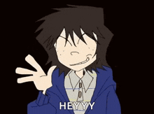 a cartoon of a boy waving his hand and saying hey yy .