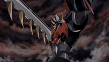 a cartoon drawing of a robot with a sword in its hand