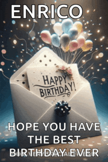 an envelope with balloons and a card that says happy birthday