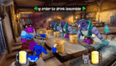 a video game is being played in a room with a green sign that says " order to drink lemonade "