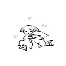 a black and white drawing of two rabbits hugging each other with hearts surrounding them .