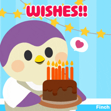 a penguin blowing out candles on a birthday cake with the words wishes on the bottom