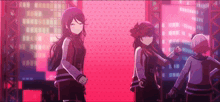 three anime girls are standing next to each other on a stage in front of a city at night .