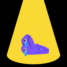 a purple cartoon character is laying in the water with tears running down its face