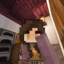 a girl in a purple shirt is playing a video game in a room with a wooden ceiling .