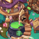 a cartoon character is standing next to a cauldron with green liquid in it .