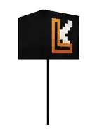 a black cube with an orange l on it is sitting on a stick .
