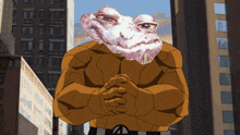 a cartoon character with the letter a on his belt is standing in front of a city