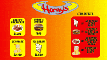 a menu for horny 's breakfast and hamburgers