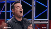a man in a leather jacket is sitting in front of a nbc sign with his mouth open