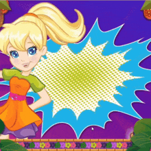a cartoon girl in an orange dress is standing in front of a purple background