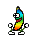a pixel art drawing of a rainbow colored banana with arms and legs .