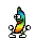 a pixel art drawing of a rainbow colored banana with arms and legs .