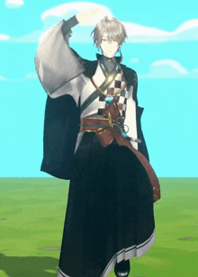 a man in a kimono is standing in a grassy field