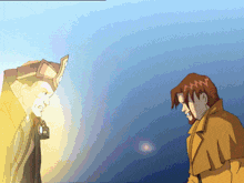 a man in a yellow coat stands next to another man