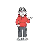 a cartoon monkey wearing a red hoodie and glasses