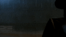 a man wearing a cowboy hat and a leather jacket stands in the rain