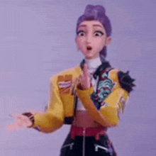 a cartoon girl with purple hair is wearing a yellow jacket and black jeans .
