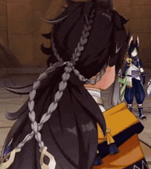 a cartoon character with a braided ponytail stands next to another character
