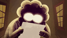 a cartoon drawing of a person holding a piece of paper in front of a window