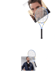 a man is holding a tennis racquet in front of his head
