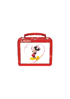 a green lunch box with mickey mouse and the name sandra
