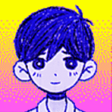 a pixel art drawing of a boy with blue hair and a pink background .