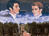 a painting of two men standing next to each other in front of a cloudy sky