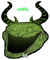 a drawing of a troll face with horns and the letter m below it