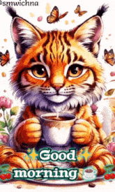 a painting of a cat holding a cup of coffee with the words good morning