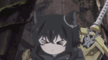 a girl with black hair and cat ears is holding a sword and making a funny face