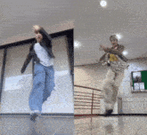 two pictures of a person dancing in front of a bulletin board that says " ubs "