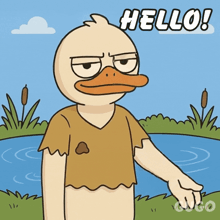 a cartoon duck is standing in front of a body of water with the words hello behind him