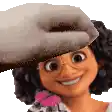 a close up of a cartoon girl wearing glasses and a hat and smiling .