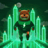 a cartoon of a bear with a lightning bolt on his chest running