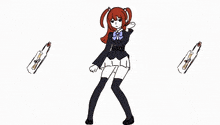 a drawing of a girl with red hair and a purple bow tie