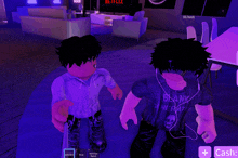 two roblox characters are standing next to each other in a living room with a netflix screen behind them