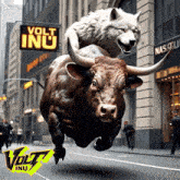 a wolf is riding on the back of a bull with a volt inu sign behind it