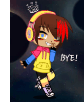 a drawing of a boy wearing headphones and a crown says bye
