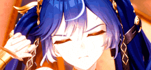 a close up of a blue haired anime character with a blurred background