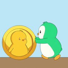 a green penguin is pushing a gold coin with a yellow chicken inside of it