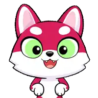 a red and white cartoon cat with green eyes