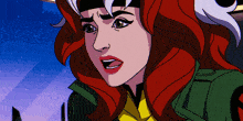 a cartoon drawing of rogue with red hair and a green jacket