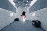 a cartoon character with pink hair is wearing a top hat in a hallway